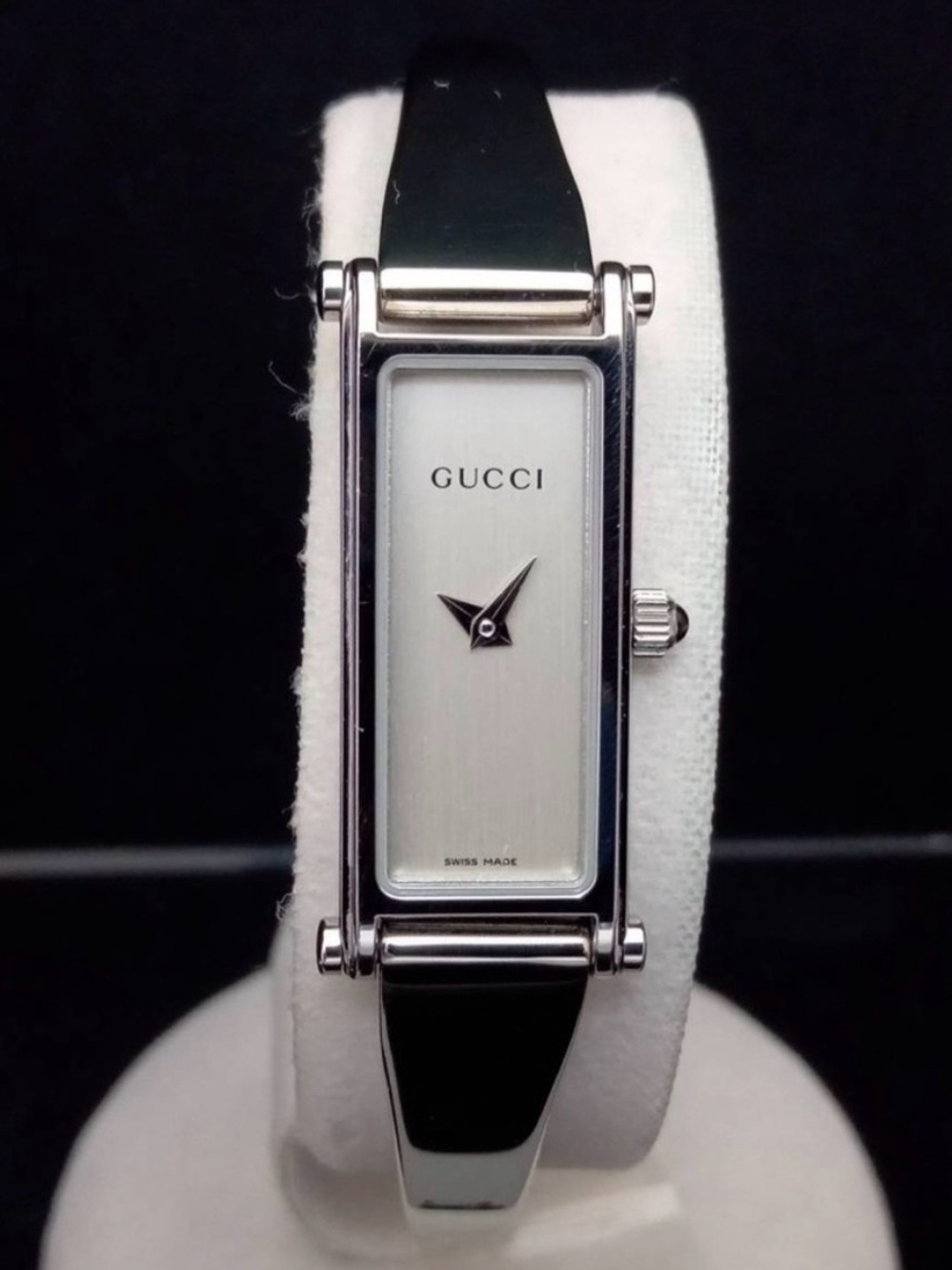 Gucci Silver-Tone Rectangular Dial Watch with Black Strap